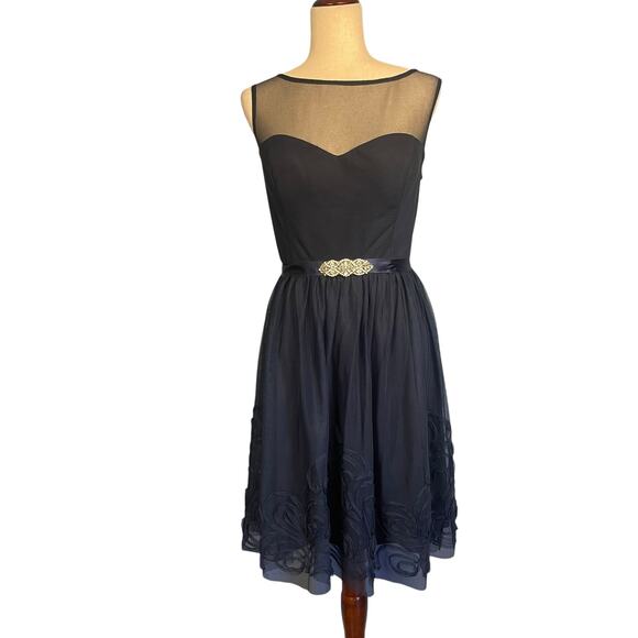 Eliza J Sleeveless Illusion Neckline Belted Cocktail Dress Navy Large - Picture 5 of 12
